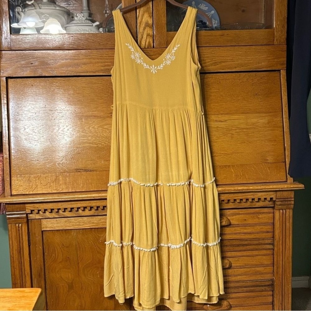Joie Embroidered Tiered Boho‎ Cottagecore Mustard Yellow Midi Dress Sleeveless